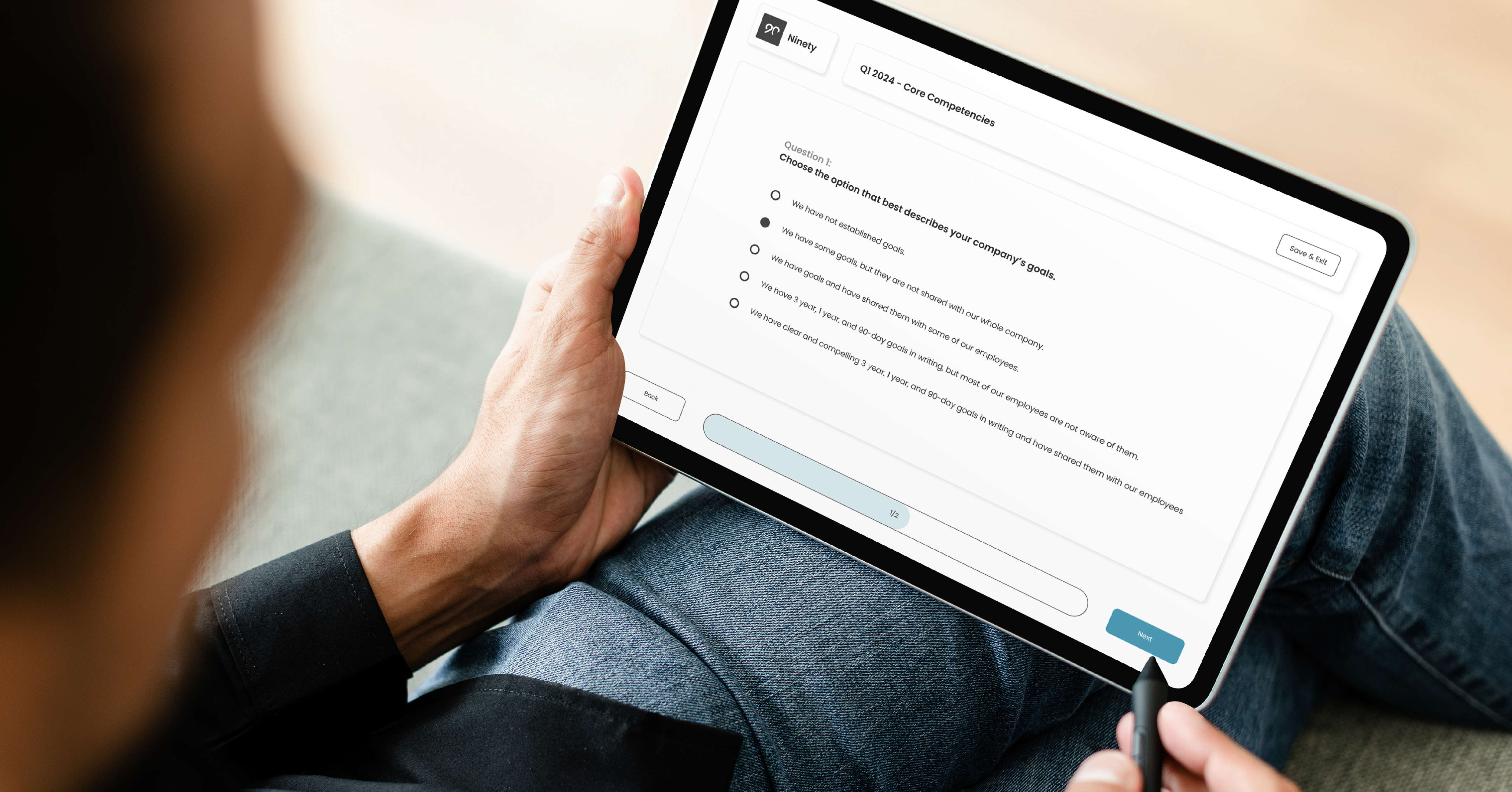 A user taking the 9 core competencies assessment within Ninety