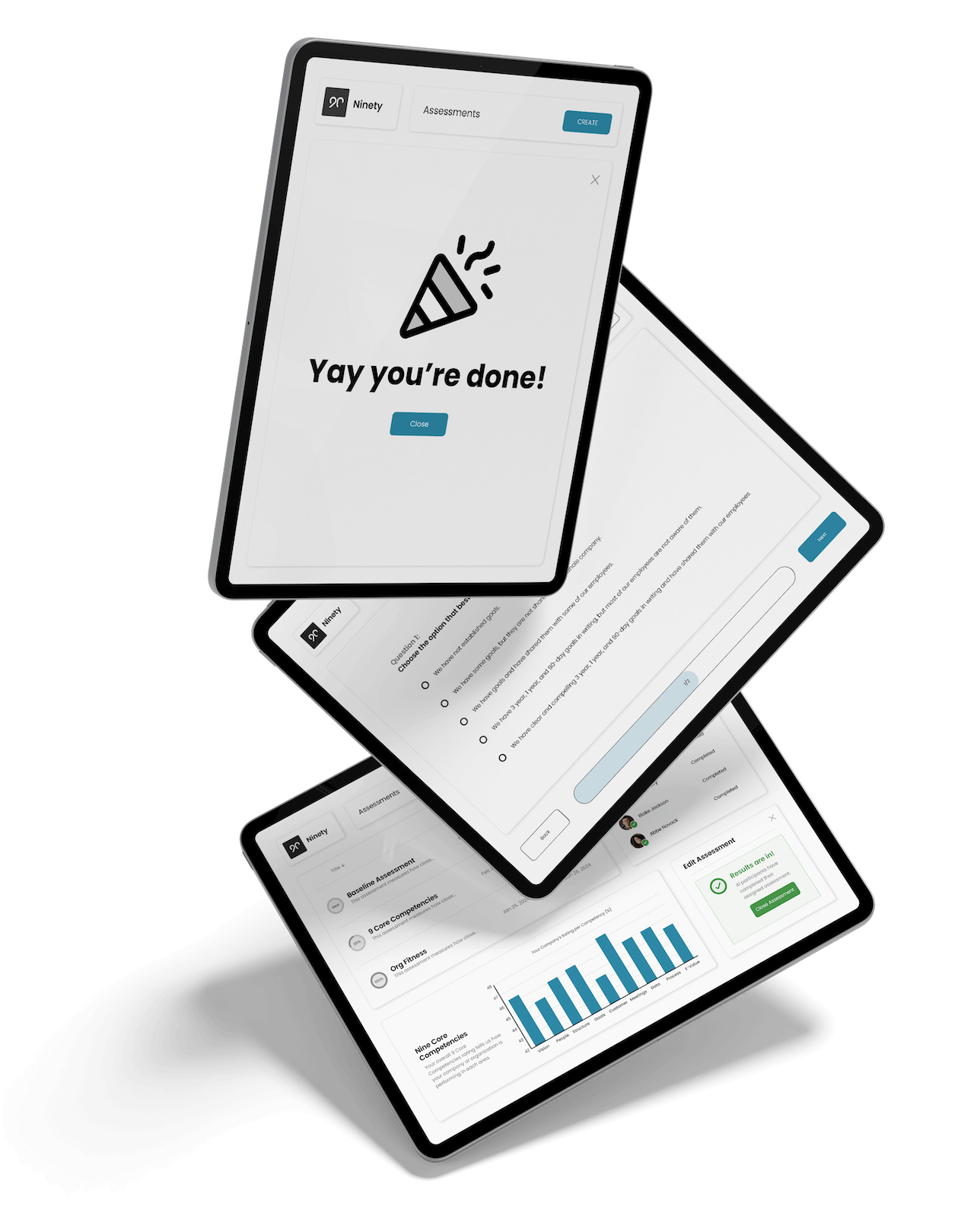 Tablets containing elements of Ninety's Assessments UI