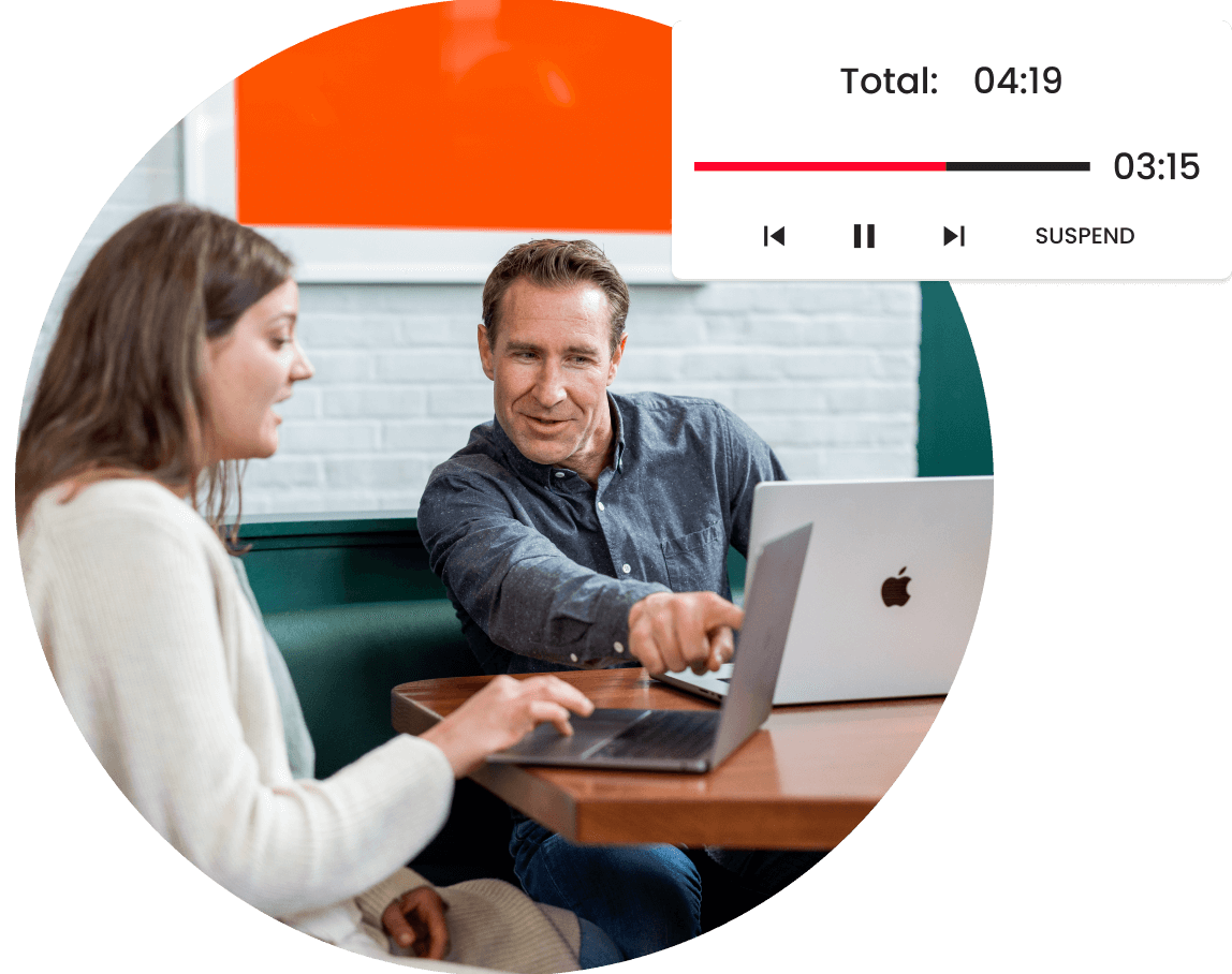 Two employees using Ninety's Meetings tool. Superimposed is the timer UI from Ninety.