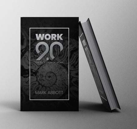 A book is titled Work 9.0: The Evolution of Work. Mark Abbott is the author.