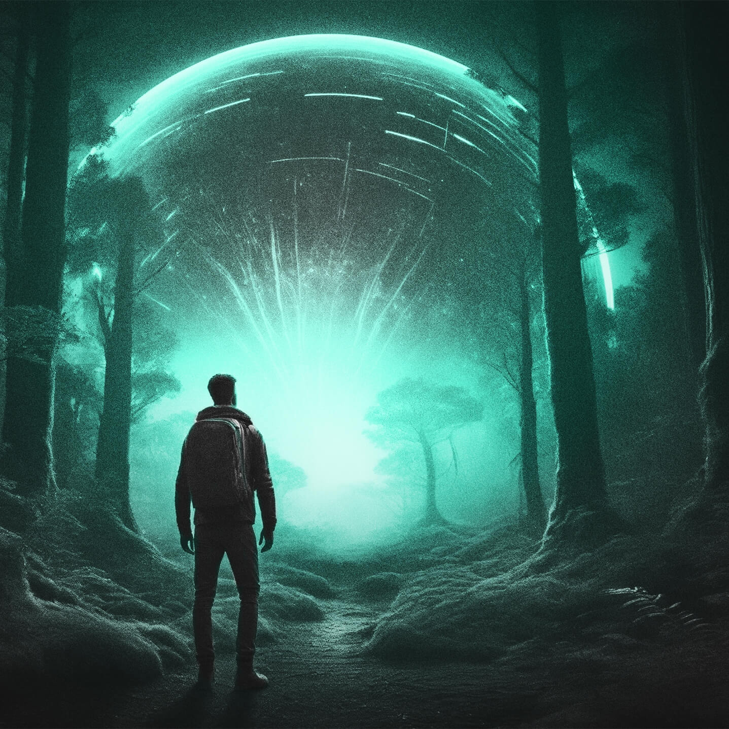 A man stands in a forest, illuminated by a glowing orb in the background, creating a mystical atmosphere.