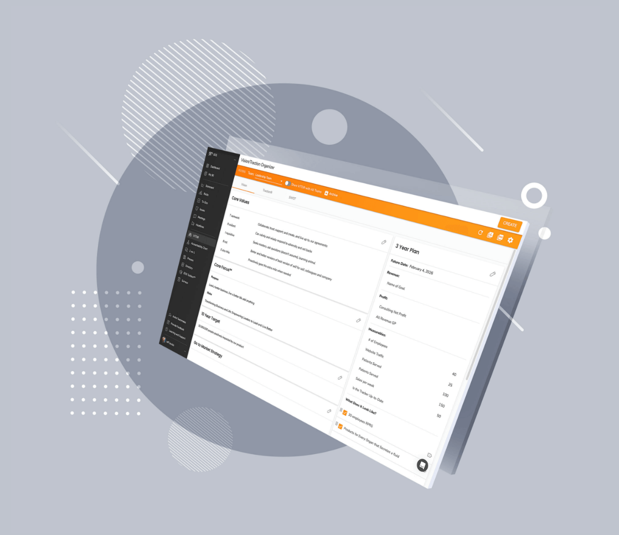 A screenshot of the Vision tool from Ninety. Includes Core Values, Core Focus, 10 year Target, 3 Year Plan, and Go to Market Strategy.